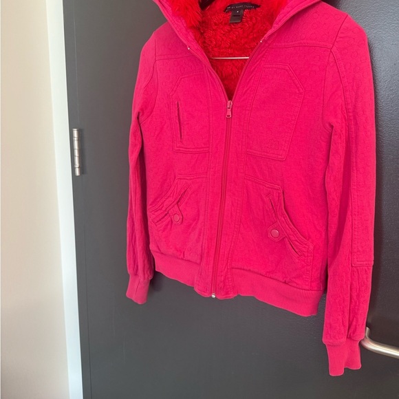 Marc By Marc Jacobs S Y2K vibe Pink Hoodie Sweatshirt with red faux fur hood GUC - Picture 10 of 16
